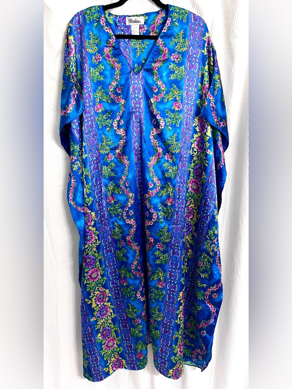 Winlar Bright Blue Floral Satin Kaftan